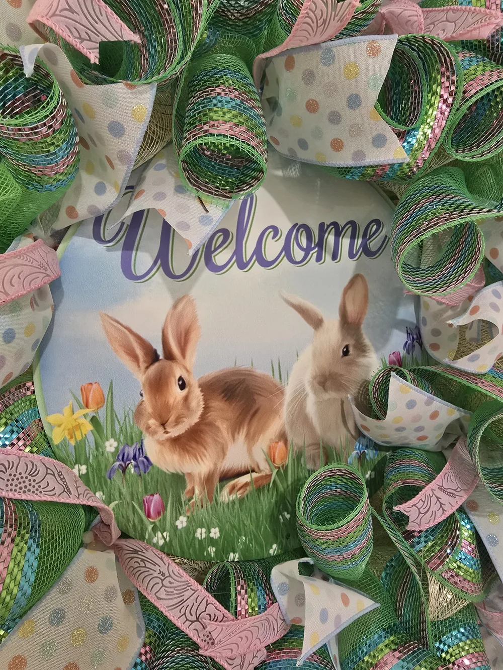 Spring Bunny Easter Welcome Wreath - Green, Pink, Cream
